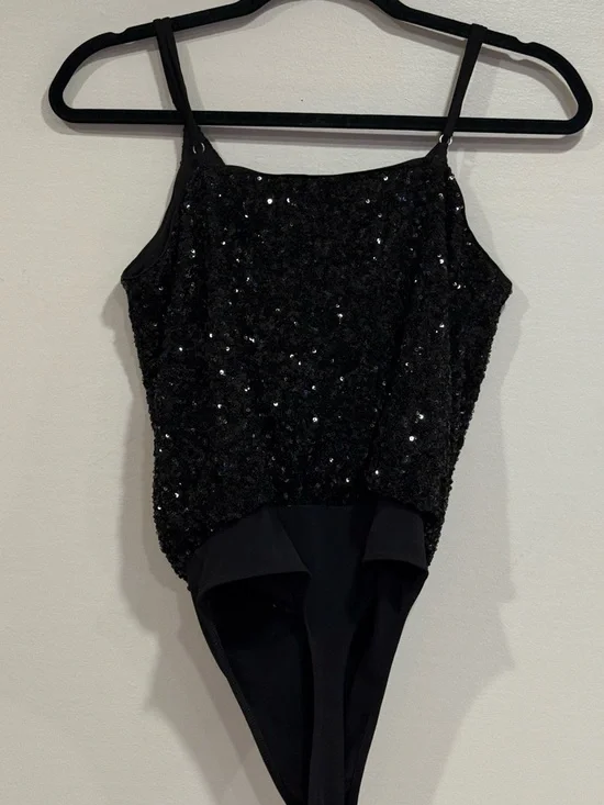 Express Sequin Faux-Wrap Cami Black Bodysuit Women's Size Small - Picture 3 of 7